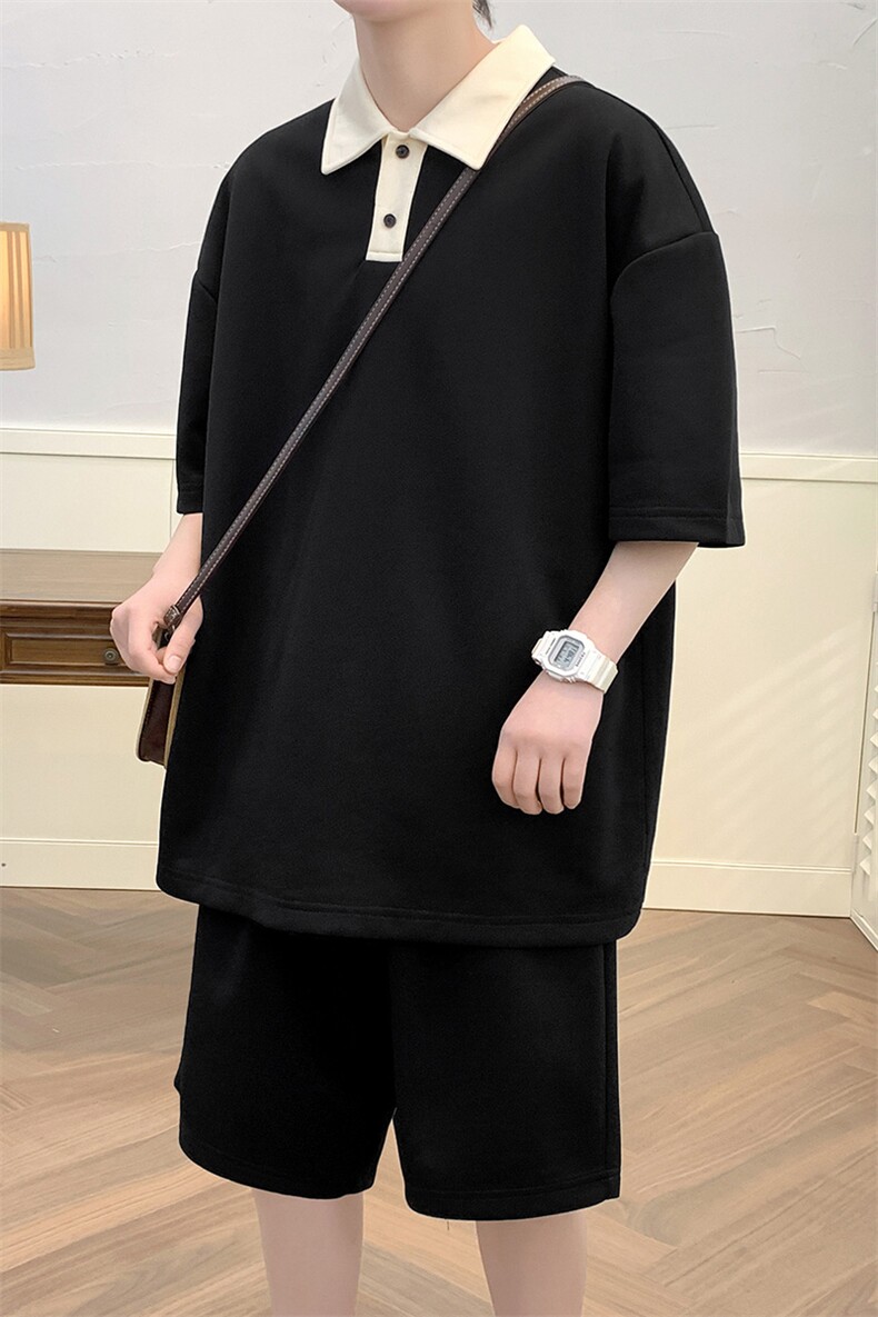 夏上新学生时尚翻领T恤套装运动休闲短裤T恤男女7608-P70控价98,男装T恤,电商A441-1