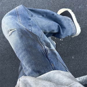 611-3 BK0098 TP55 弯刀阔腿拼接解构破洞喷绘做旧男女2牛仔裤图片