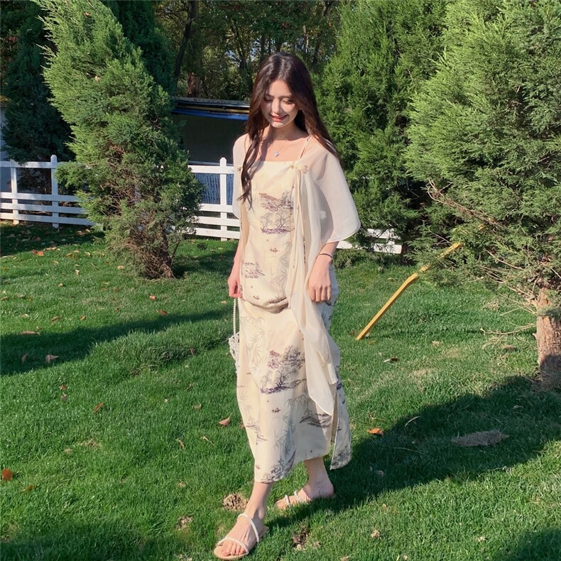 新款2025年夏季新中式风山水印花氛围感披肩气质连衣裙，女装连衣裙，浙宝220A