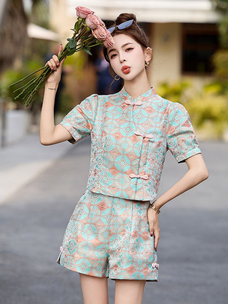 新中式国风盘扣短裤套装女2025夏季新款小个子独特别致好看两件套,女装套装/套裙,韩宇舍