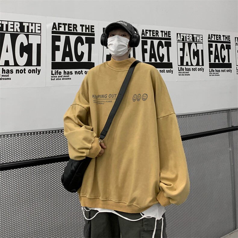 水洗做旧加绒加厚卫衣男23冬高领笑脸印花打底衫XZ514-2-X56-P78,男装T恤,星座514-2(原B239)