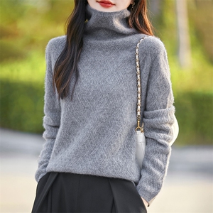 100%纯羊毛衫女一线成衣堆堆领菱形提花针织毛衣加厚宽松羊绒打底图片