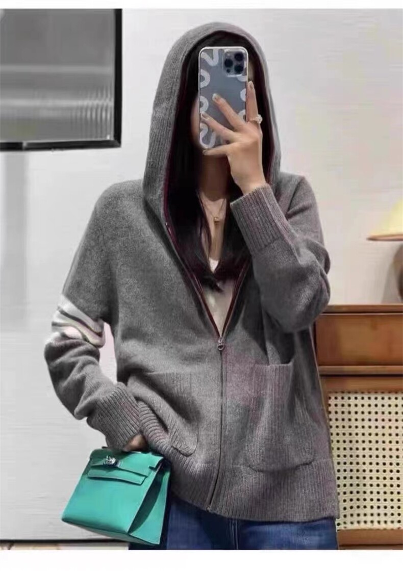 2024秋款连帽女装毛衣时尚百搭显瘦修身长袖外套,女装羊毛衫,千御纺羊绒