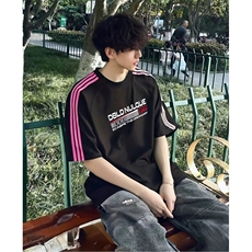 抖音得物品质二开240克宽松纯棉美式潮牌印花三条杠中性风短袖T恤，男装T恤，电商A486-1