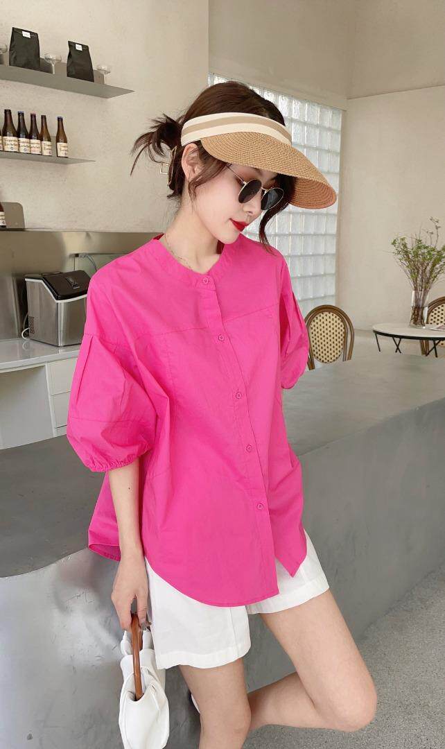 夏季新款亮色圆领衬衫，女装衬衫，艾绮雪影