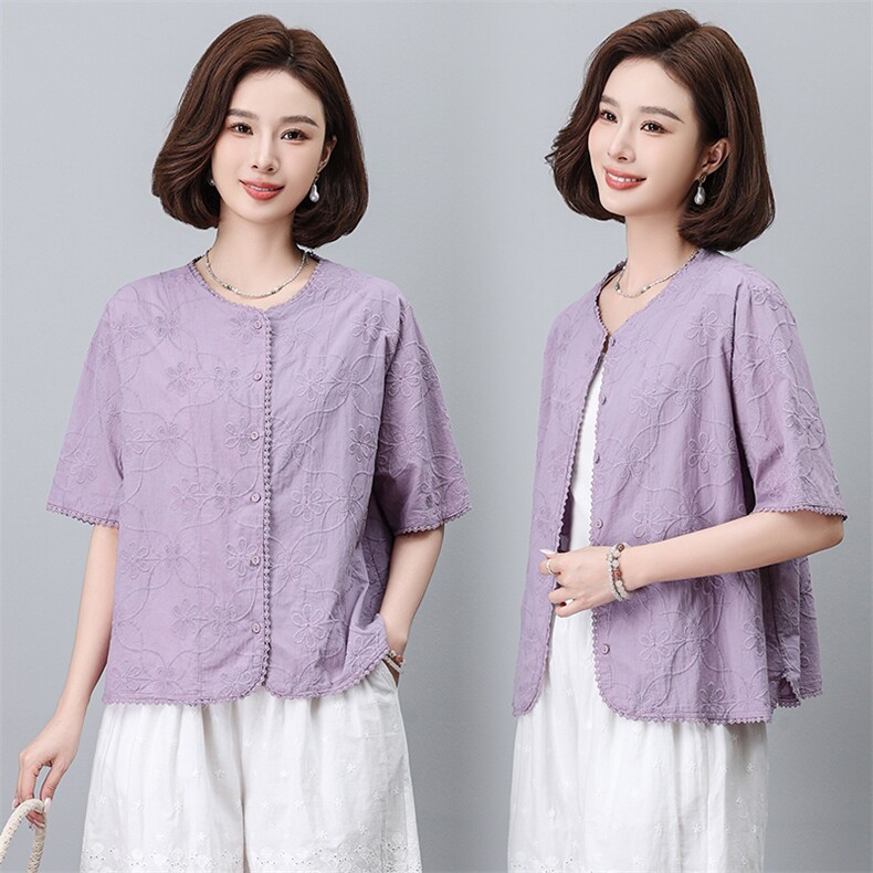 纯棉短袖衬衫女2024夏新款中年妈妈全棉宽松中袖上衣爆款刺绣衬衣，女装大码女装，奕阳依阁