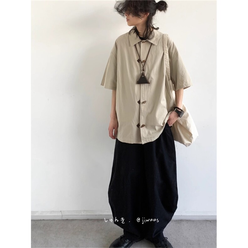 夏季新中式复古牛角扣设计感短袖衬衫男女生宽松休闲风上衣外套,男装T恤,星座1210-1
