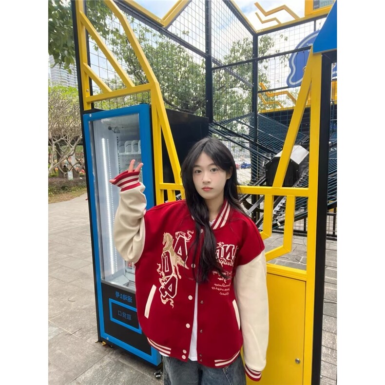 美式高街重工刺绣马年夹克棒球服女2026夹棉加厚宽松情侣红色外套,男装夹克,星座715-4