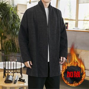 中国风冬款无扣风衣纯色中国风开衫长袖亚麻外套加绒汉服D582P95图片