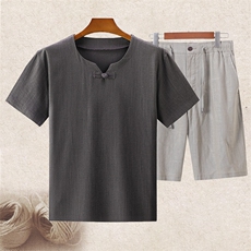 主推大货男高品质中老年风亚麻套装短袖T恤棉麻短裤套装，男装牛仔裤，钱塘723