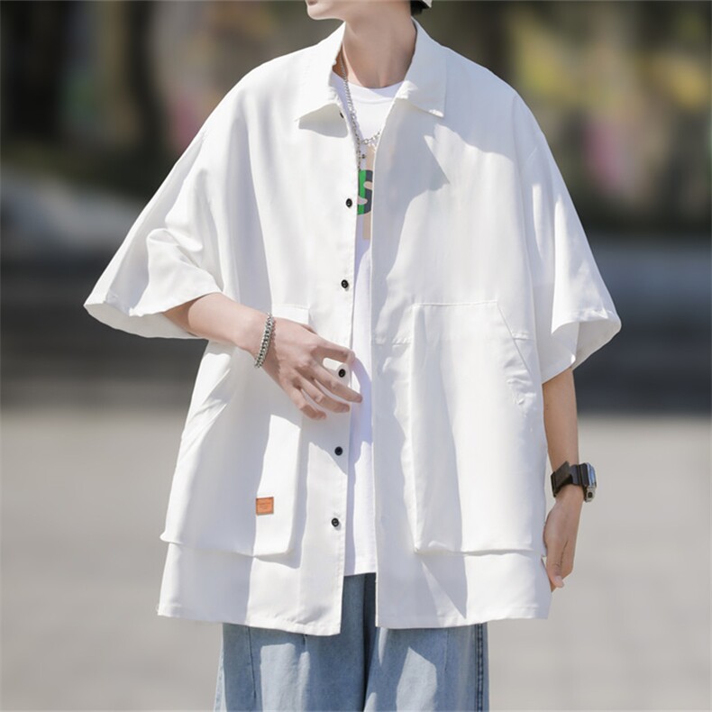 夏装日系复古大口袋短袖衬衫男宽松纯色大码衬衣C500P35，男装T恤，电商C323
