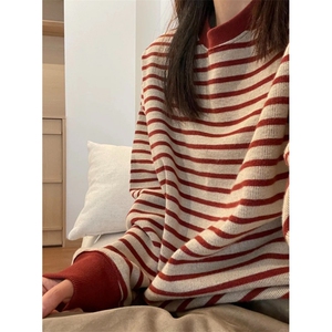 条纹毛衣圆领针织衫无帽卫衣女秋冬新款宽松慵懒上衣 MF1269图片