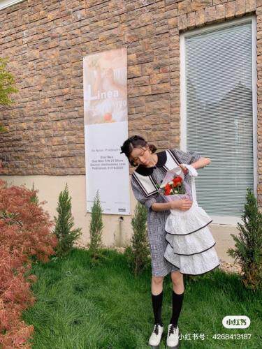 黑色格子大领子连衣裙，女装连衣裙，YOUER DENG