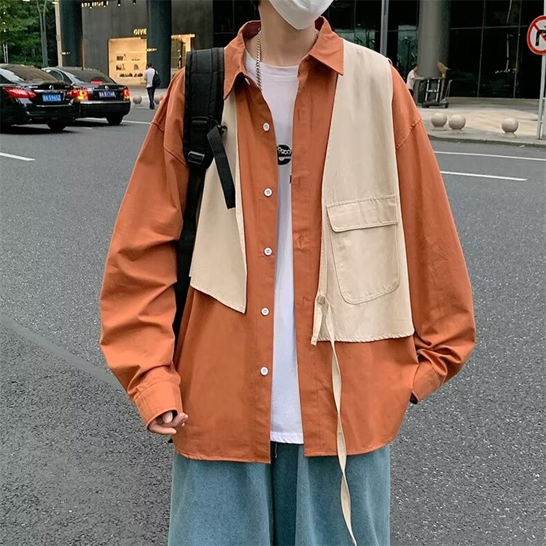 不规则假两件拼接长袖衬衫个性炸街情侣宽松休闲衬衣W3215-P40,男装衬衫,星座412