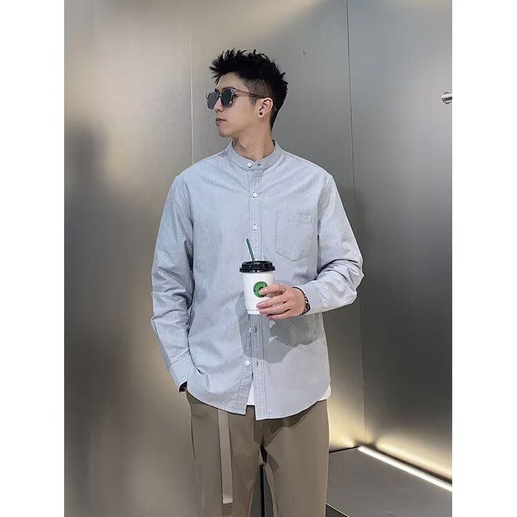 中山装秋款男衬衫立领单排扣新中式条纹衬衣大码S-4XLcs1200P55,男装衬衫,星座1013-1
