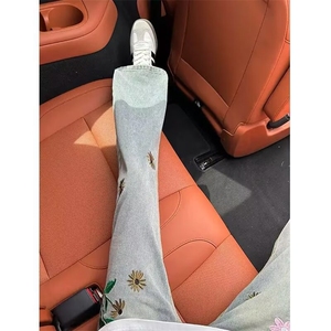 胖胖哥小众重工小雏菊刺绣高街牛仔裤男款秋季美式宽松大码阔腿裤图片