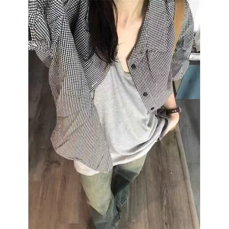 森系叠穿格子短袖衬衫女ins宽松遮肉显瘦情侣款衬衣外穿开衫上衣,男装衬衫,星座1210-1