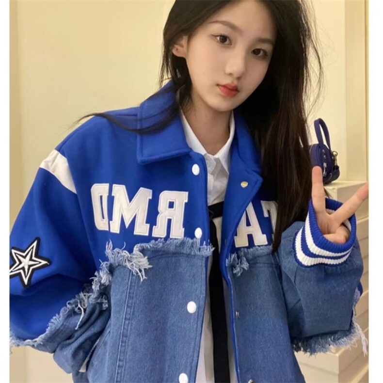 美式潮牌牛仔拼接外套男女春秋夹克设计感小众街头情侣高街棒球服,男装工装外套,星座1210-1