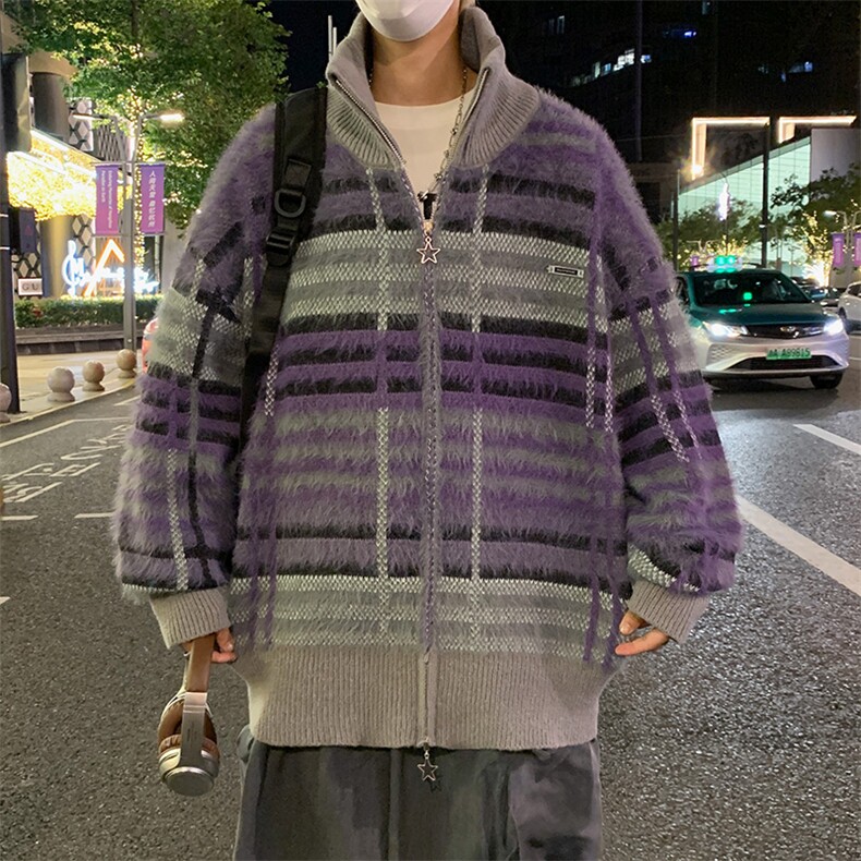 条纹毛衣日系慵懒复古男士针织衫秋冬季新款外套高级感线衣服,男装针织衫/毛衣,星座716-2