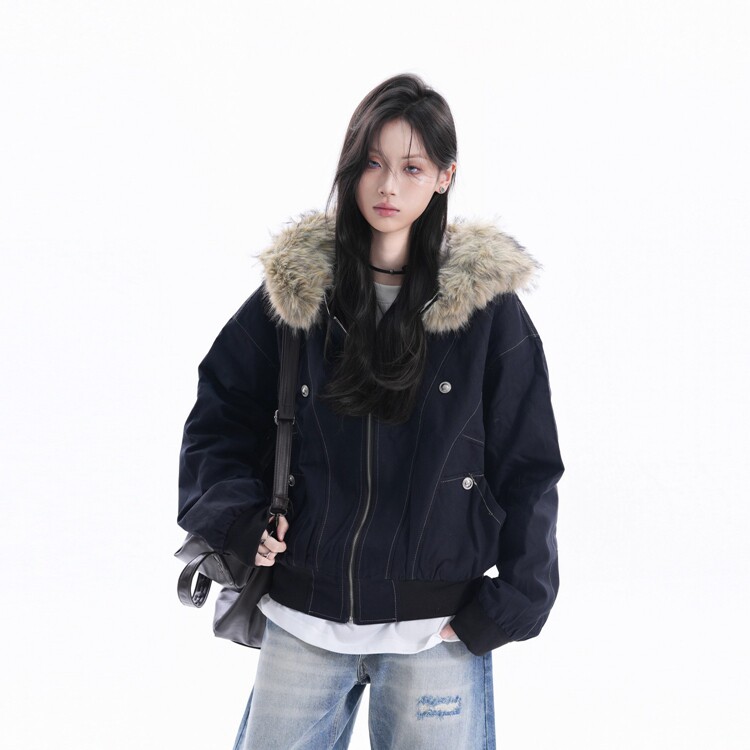 座山雕毛领保暖连帽棉服外套女cleanfit加厚加绒夹克图片