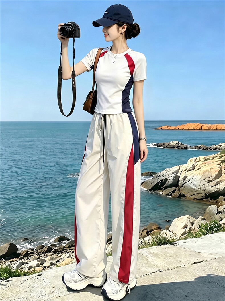 潮流时尚休闲运动套装女夏季新款显瘦竖纹圆领短袖上衣长裤两件套,女装套装/套裙,江南