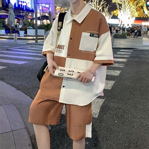 港风夏潮流印花拼接开衫宽松短袖衬衣短裤帅气套装 A436-D217-P60图片