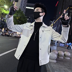 高级感白色水洗皮衣男潮流短款翻领机车皮夹克P1807-P118，男装夹克，电商A368