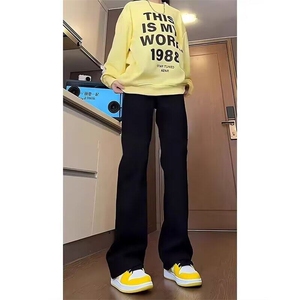 黑色牛仔裤男款春秋美式高街裤新款显瘦高腰修身直筒微喇裤 N7026图片