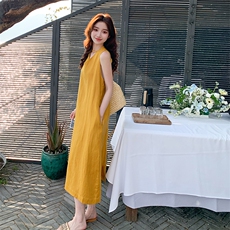 黄色简单大方的连衣裙女夏季2025新款宽松休闲松弛感无袖背心裙子，女装连衣裙，浙宝276（原081）