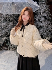 新款现货2025年冬季千金风波点韩系休闲短款丝绒领带羽绒服外套，女装羽绒服，乐吉娜