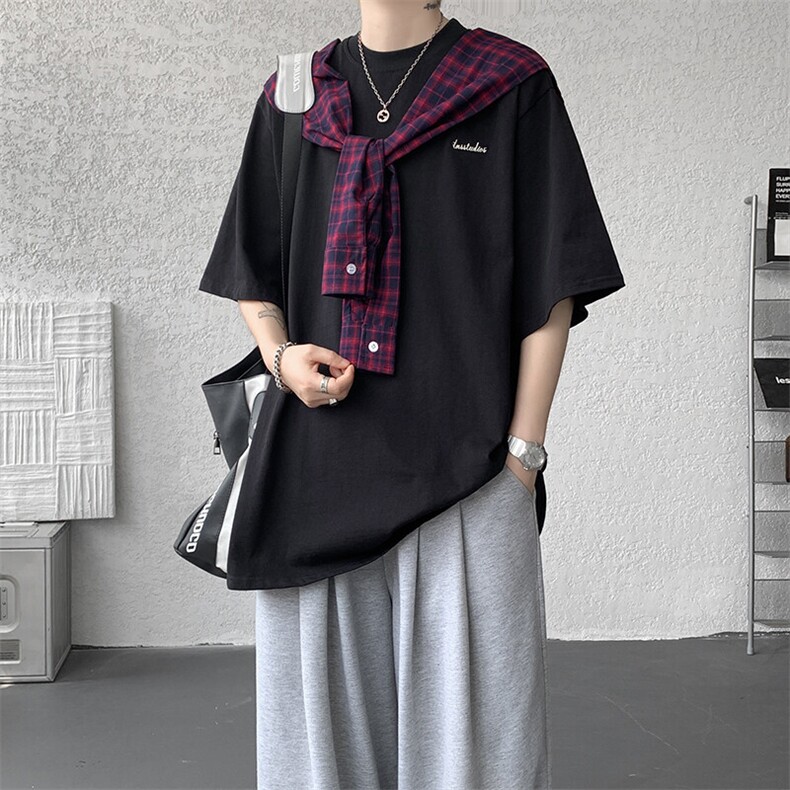 8XL-M潮情侣美式拼接打结格子假两件短袖宽松纯棉T恤男DX338,男装T恤,电商D206-1