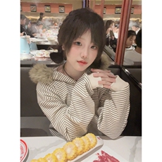 毛领连帽卫衣外套韩系chic宽松休闲设计感小众条纹上衣LW2355-P65，女装短外套，星座1008