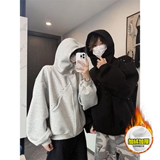 480G重磅加绒硬挺boxy男女秋冬美式高街卫衣铆钉拼接开衫厚外套，女装短外套，电商A486-1