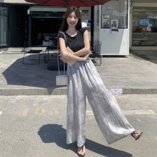 洋气吊带裤套装女夏季2025新款时尚炸街韩系T恤阔腿拖地裤两件套，女装套装/套裙，2C301