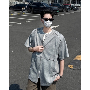 DP0158-P50 设计款简单轻奢双拉链夏季拼接男T恤高级感潮牌铆钉T图片