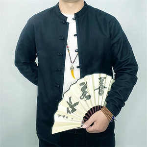 2220^冬季男休闲加绒加厚盘扣唐装衬衫青年潮流中式长袖立领衬衣图片