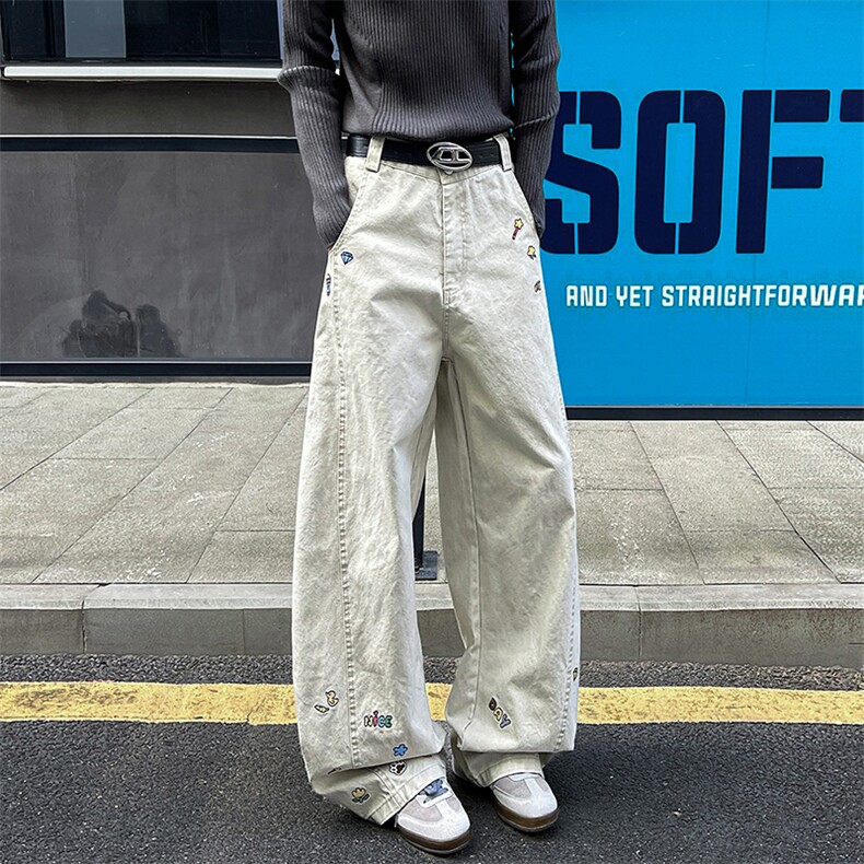 8X-M 卡通绣花休闲裤男2025新款情侣宽松阔腿弯刀裤子K9173P78图片