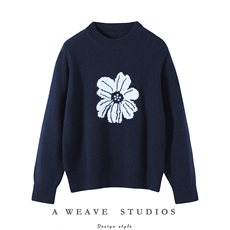 2025年秋季新款藏蓝小花针织女士羊绒上衣时尚休闲通勤百搭，女装羊绒衫，隆秋羊绒