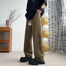 新风盘扣冰丝裤子男士夏季新款高级感垂感宽松阔腿休闲长裤，男装休闲裤，星座1013