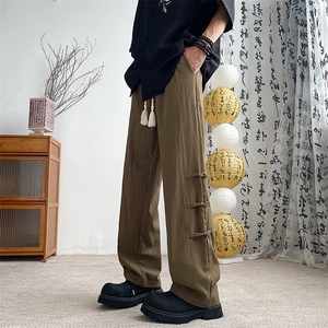 新风盘扣冰丝裤子男士夏季新款高级感垂感宽松阔腿休闲长裤图片