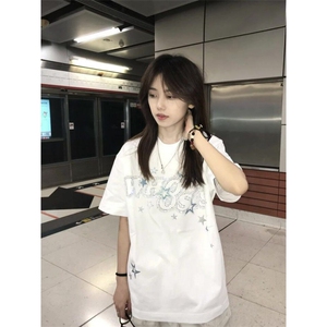 H1019-P35前后印花+前后烫钻宽松休闲短袖T恤男女同款图片