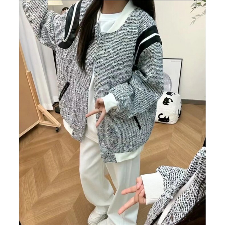 网红小香风外套男女刺绣波点编织棒球服情侣款慵懒风上衣,女装短外套,星座601-1