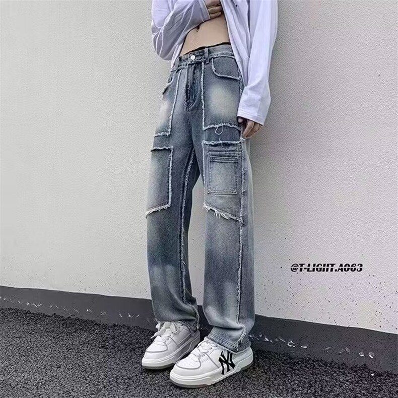 春秋高街美式复古水洗做旧毛边牛仔裤男女宽松直筒垂感阔腿牛仔裤图片