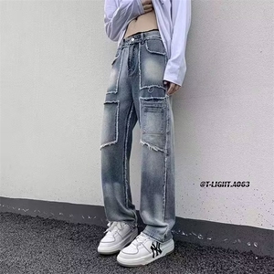 春秋高街美式复古水洗做旧毛边牛仔裤男女宽松直筒垂感阔腿牛仔裤图片