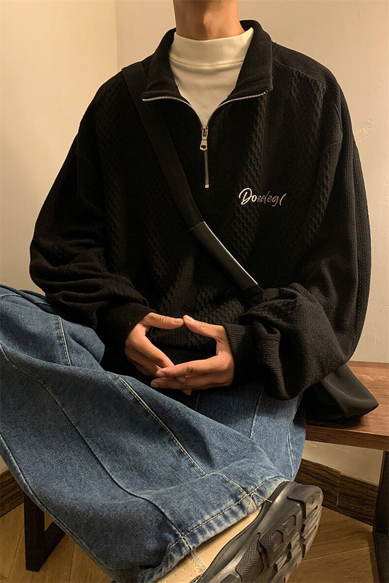 潮牌半拉链卫衣男春秋季复古宽松纹理感宽松长袖T恤ins风衣服外套,男装卫衣,电商A102B