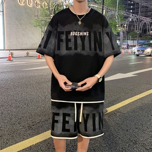 特P48无差价  2025夏季新款假两件字母印花拼色五分裤套装男TZ611图片