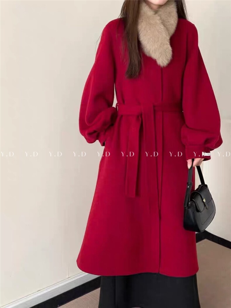【依嘟】2025秋冬新款贵气感毛领灯笼袖羊毛外套(配毛领狐狸，女装双面呢大衣，依嘟服饰