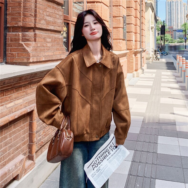 高级小众美拉德棕色麂皮外套女春秋2025年超火好看漂亮短夹克上衣,女装短外套,2D145