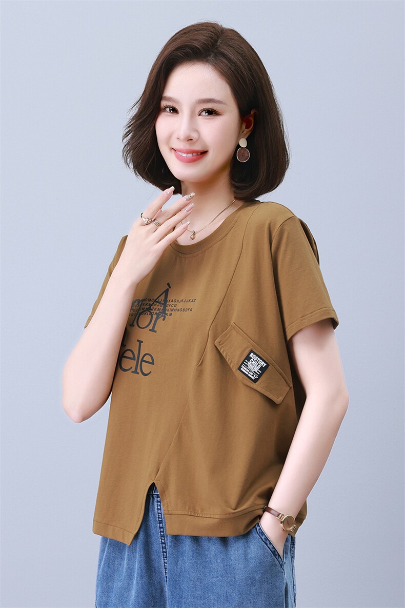 时尚宽松拼接印花短袖上衣舒适百搭显瘦T恤,女装衬衫,叶笙衣