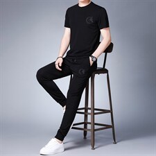 短袖套装男2023夏季新款中青年半袖T恤圆领印花长短裤三件套，男装休闲套装，电商B212（原钱塘6029）